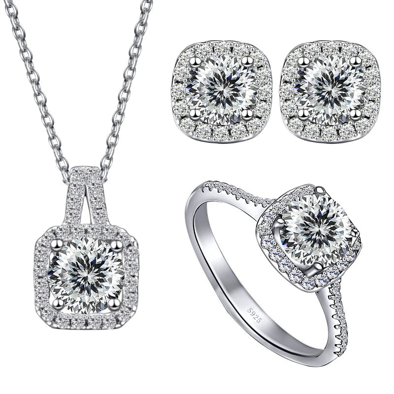 JoyceJelly S925 Sterling Silver jewelry for women 1 carat moissanite diamond 3 pieces set necklace ring earrings wedding party