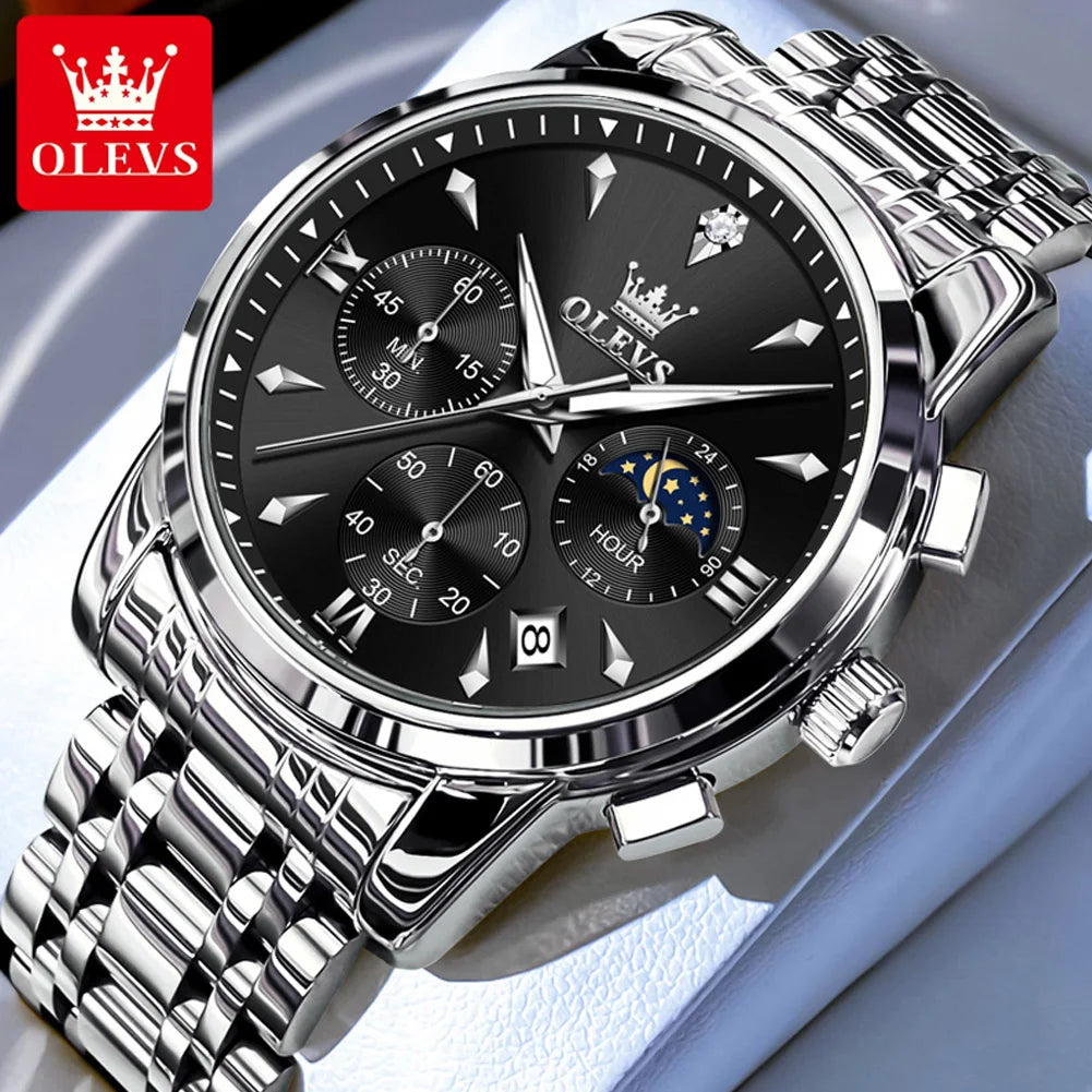 OLEVS 3639 Top Brand Original Luxury New Quartz Watch Stainless Steel Watch For Men Waterproof Luminous Moon Phase Mens Watch