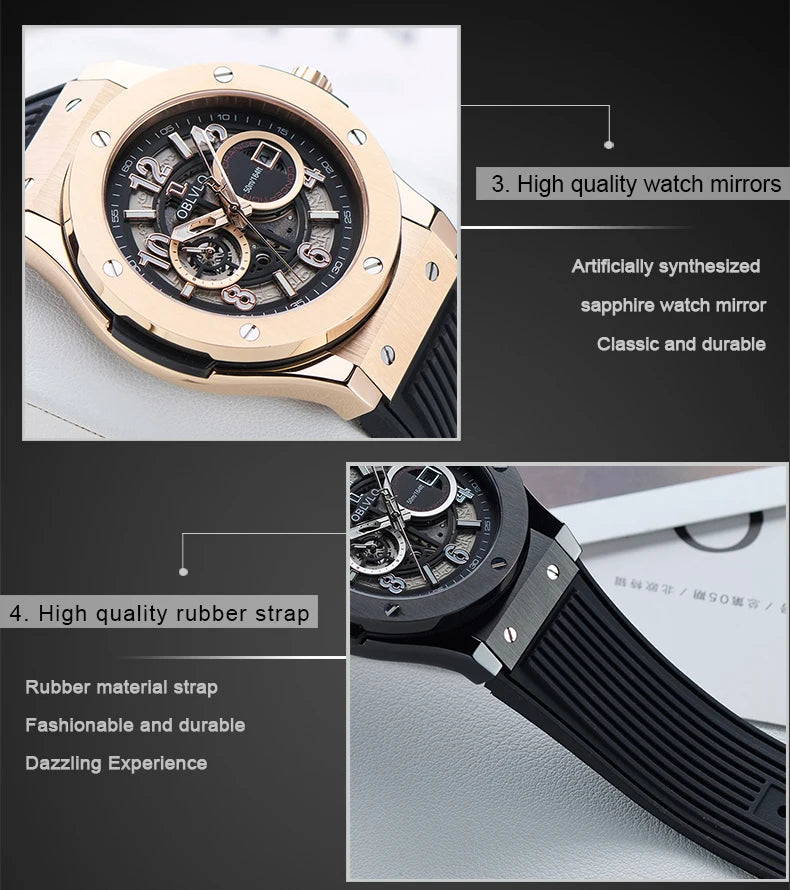 OBLVLO Men's Fashion Rose Gold 44mm Hollow-out Automatic Watch Waterproof Brown Leather Strap Mechanical Clock with Date HM-GT