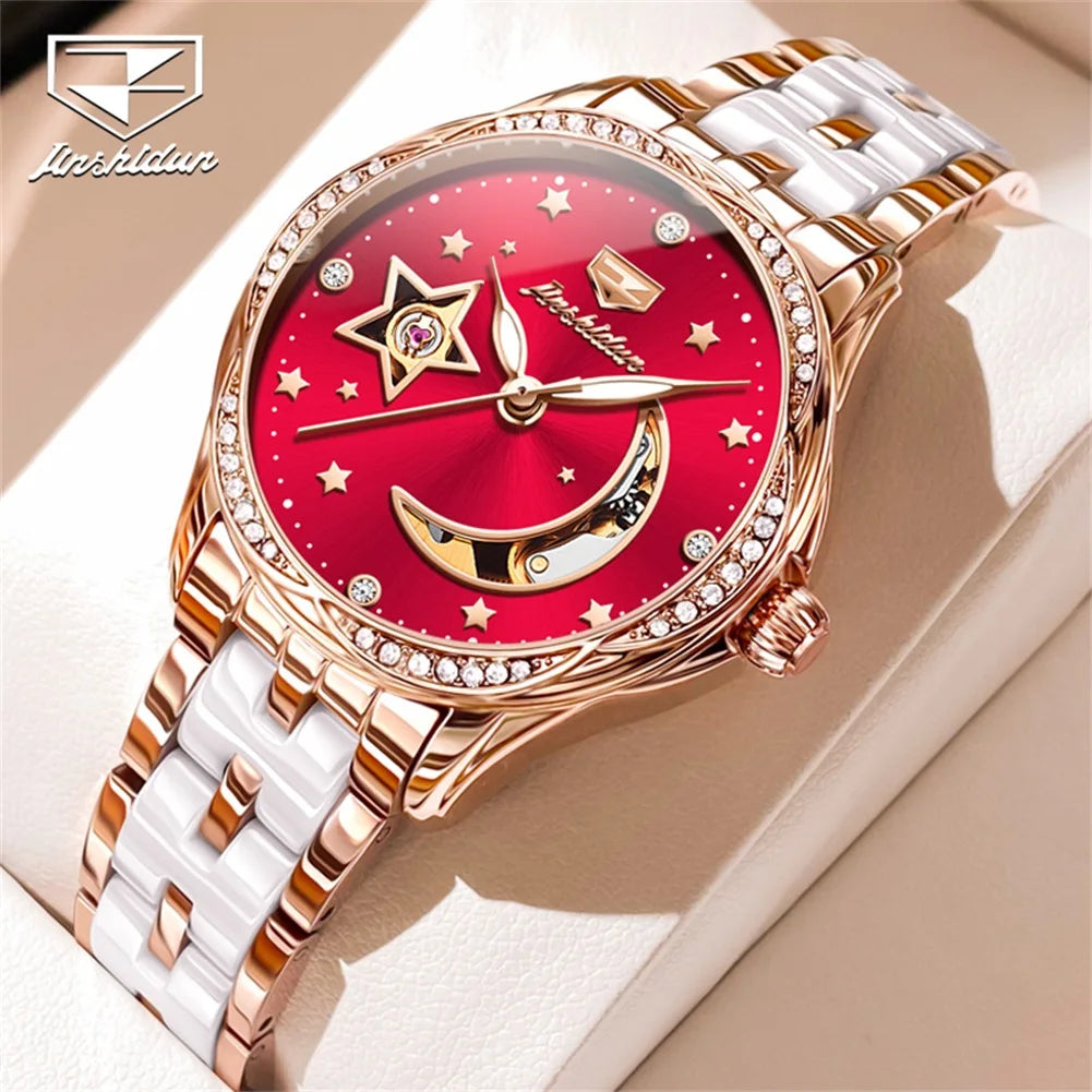 JSDUN Fashion Ceramic Skeleton Women Automatic Mechanical Watches New Luxury Ladies Watch Original Waterproof Lady Wrist Watch