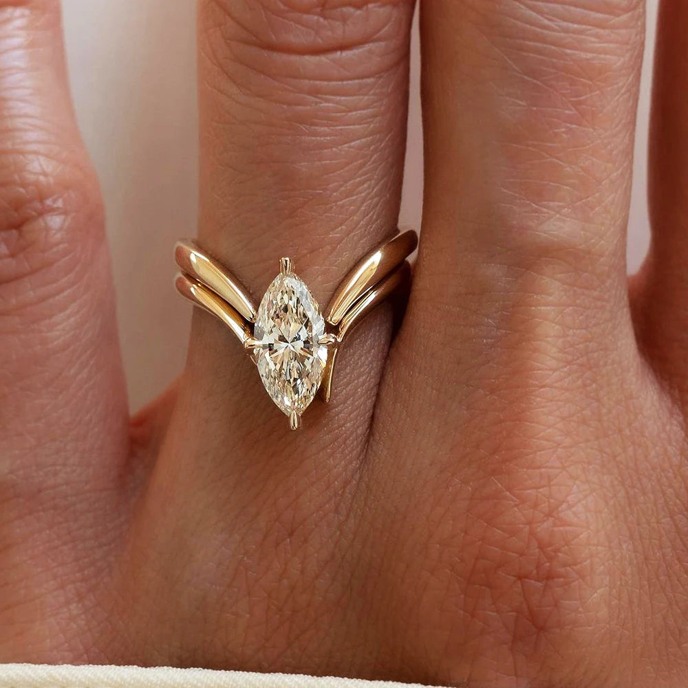 BXINY Marquise Cut Moissanite Ring Set S925 Silver Plate 18K Gold for Women GRA Certified Lab Diamond Wedding Band Gifts Jewelry