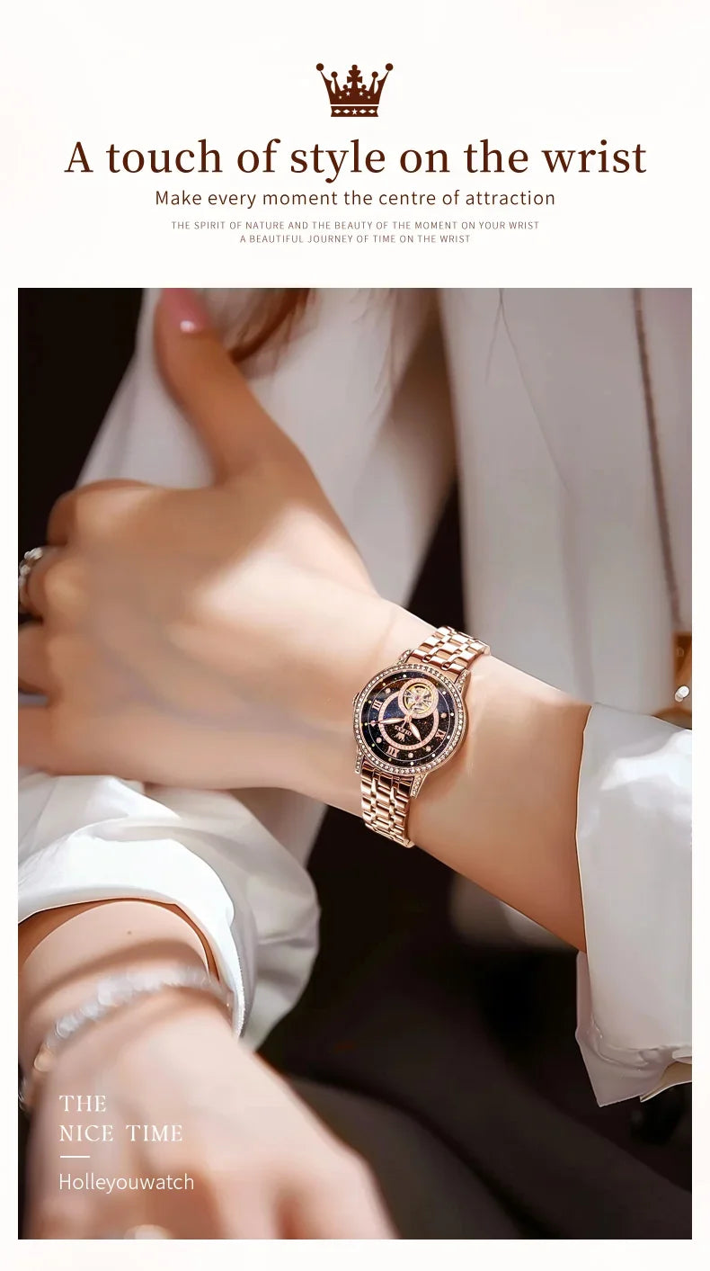 OLEVS Hollow Women's Watch Fully Automatic Mechanical Watch Luxury Diamond Inlaid Starry Sky Elegant Women's Brand Watch  7036