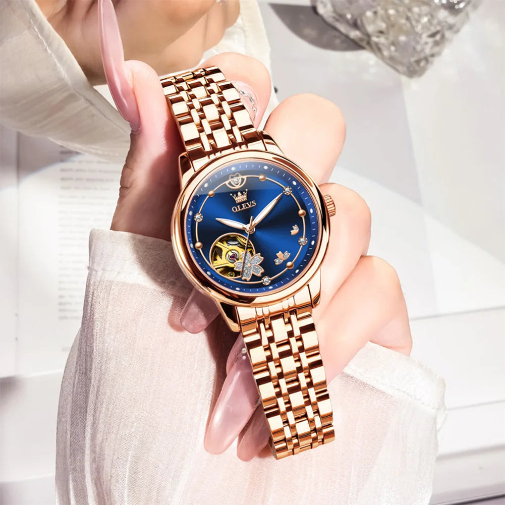 OLEVS Original Rhinestone Flower Design Watch Women's Luxury Rose Gold Watch Wine Red Automatic Mechanical Watch Birthday Gift