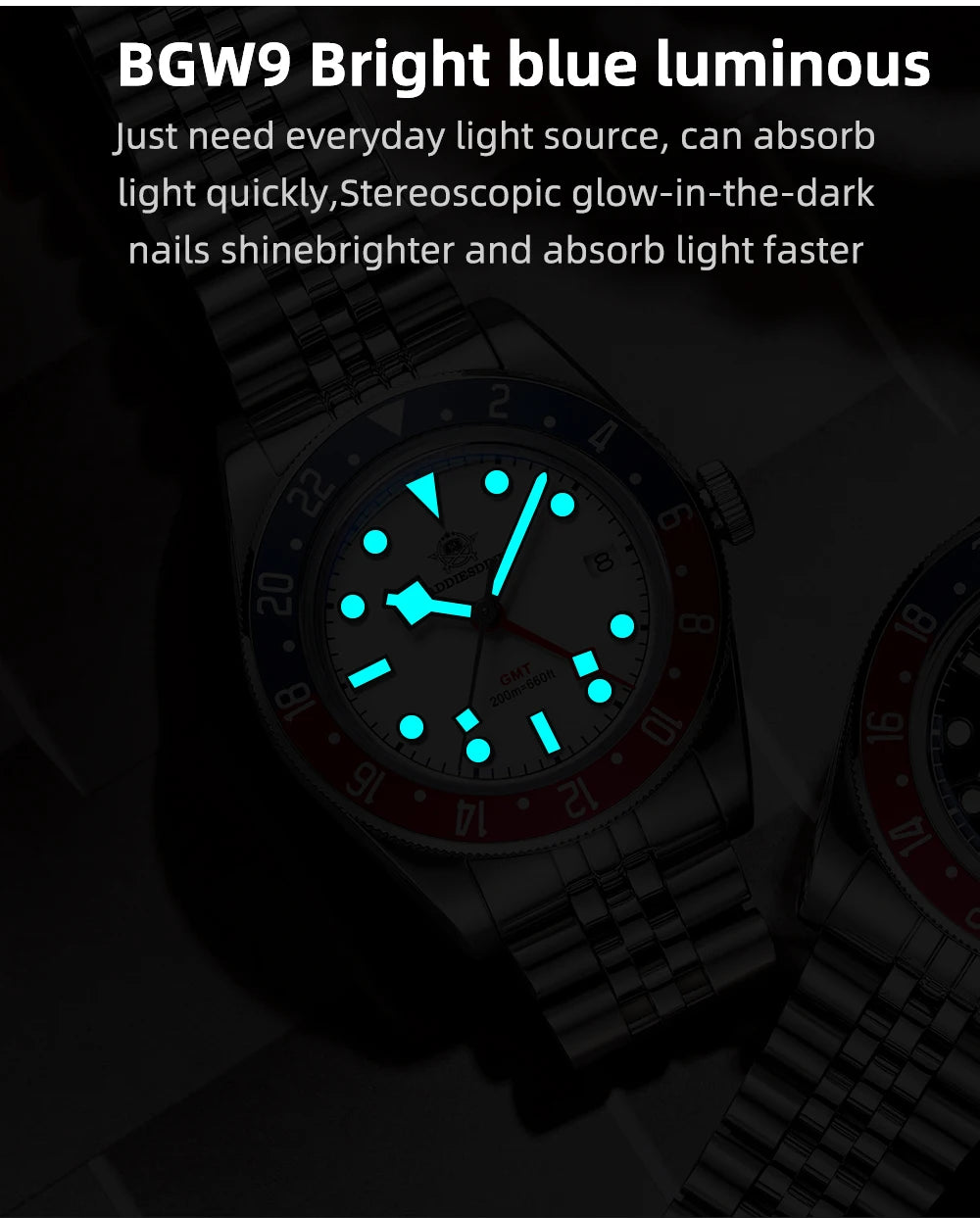 ADDIESDIVE Luxury GMT515-24H Men's Watch Diver 200m Bubble Mirror Glass BGW9 Super Luminous Stainless Steel Men's Analog Watches
