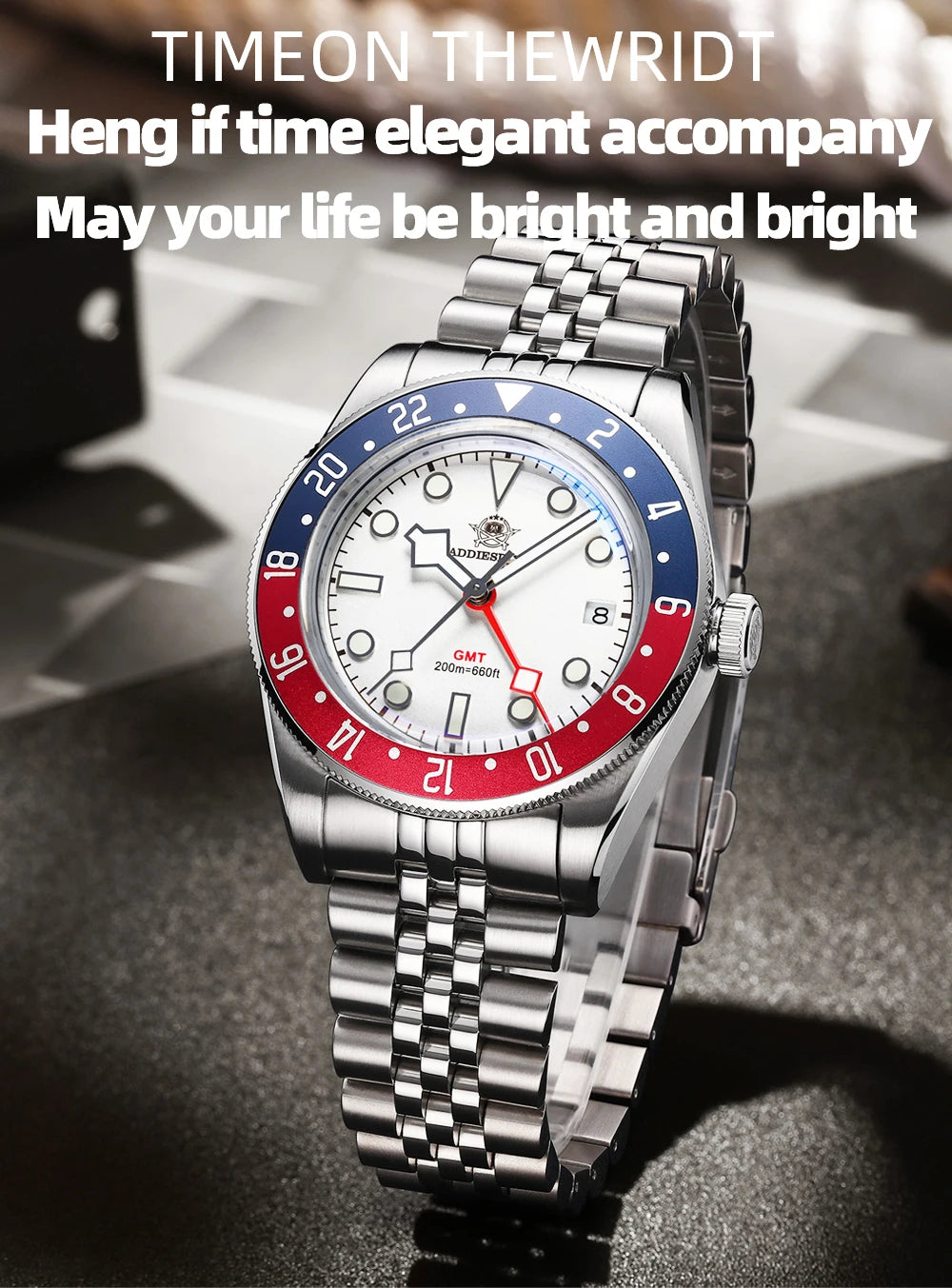 ADDIESDIVE Luxury GMT515-24H Men's Watch Diver 200m Bubble Mirror Glass BGW9 Super Luminous Stainless Steel Men's Analog Watches