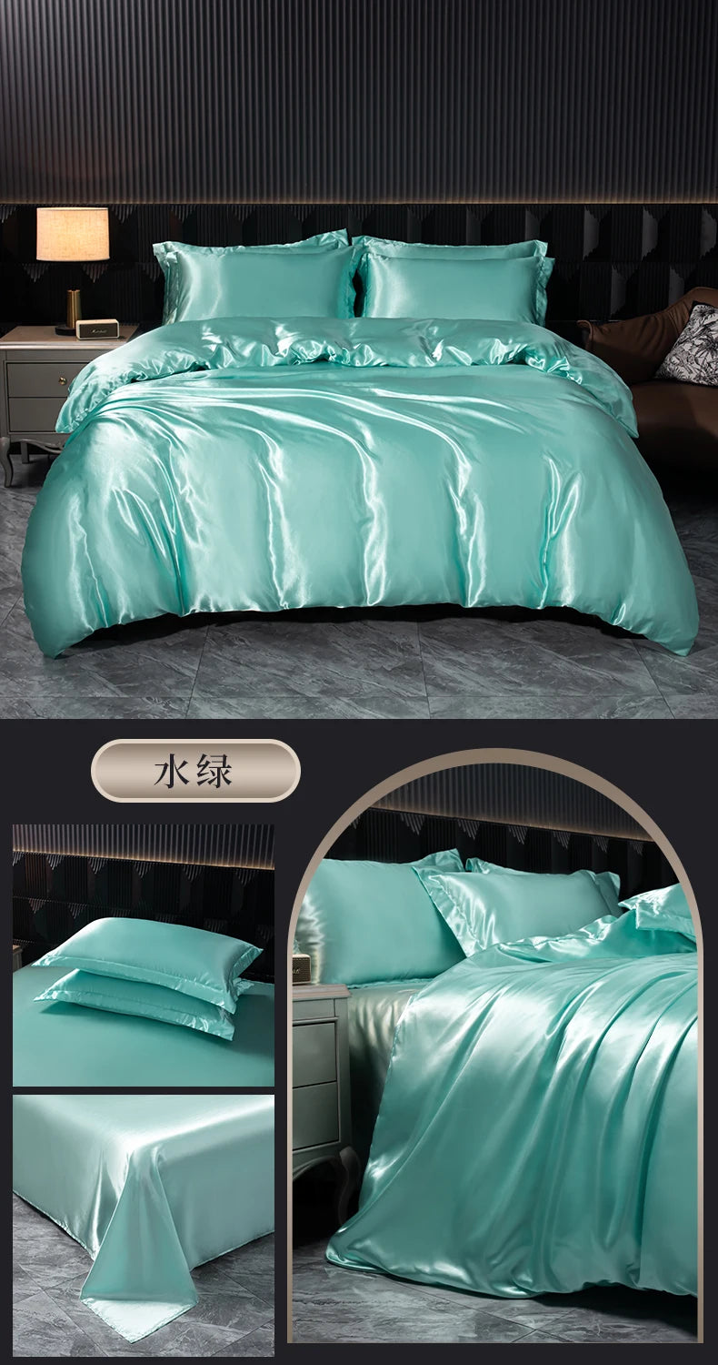 Solid Silk Bedding Set with Duvet Cover Bed Sheet Pillowcases Luxury Satin Single Double Bedsheet King Queen Twin Size