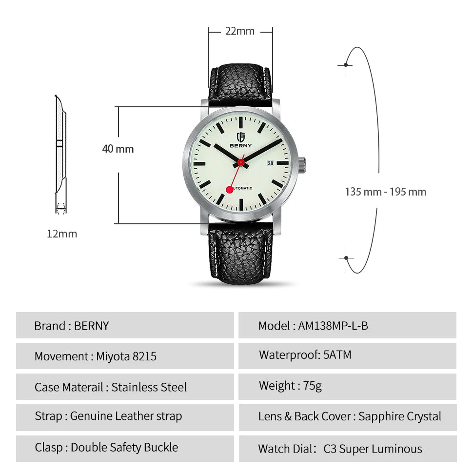 BERNY Watch for Men Automatic Self-Wind Luxury Watch Sappire MIYOTA 8215 Top Luminous 5ATM Mechanical Railroad Wristwatch