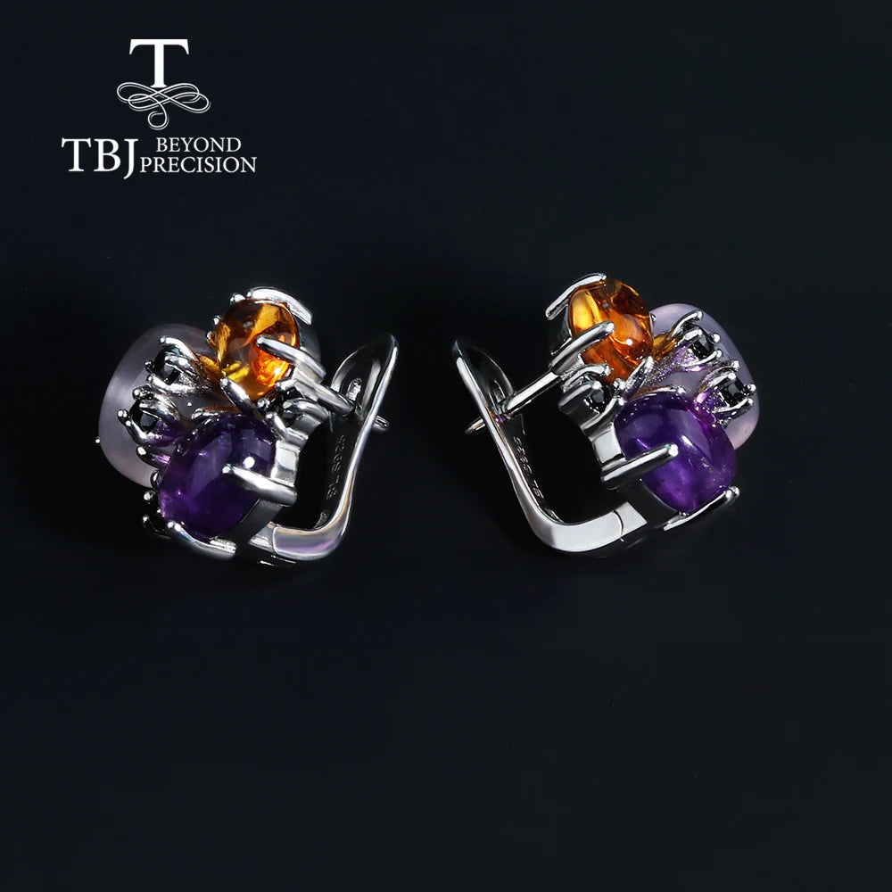 Natural gems Citrine Rose quartz Amethyst Multi-color Ring Earring Jewelry Set for Women fine Jewelry 925 Sterling Silver