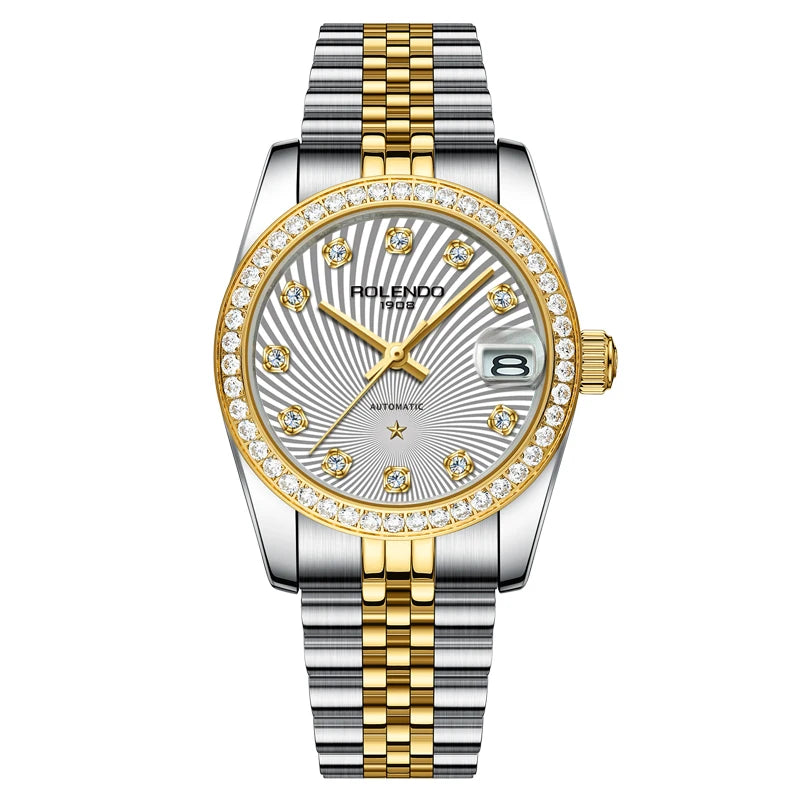 ROLENDO Classic Date Watches for Woman 32mm Sapphire Crystal 30ATM Butterfly Buckle Gold Luxury Diamond-set Automatic Wristwatch