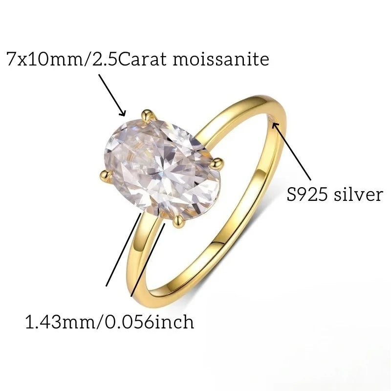 WSHUO 2.5ct S925 Sterling Silver Ring Oval Cut D Grade Moissanite 18K Gold Women's Engagement Ring Stackable Style GRA Certified