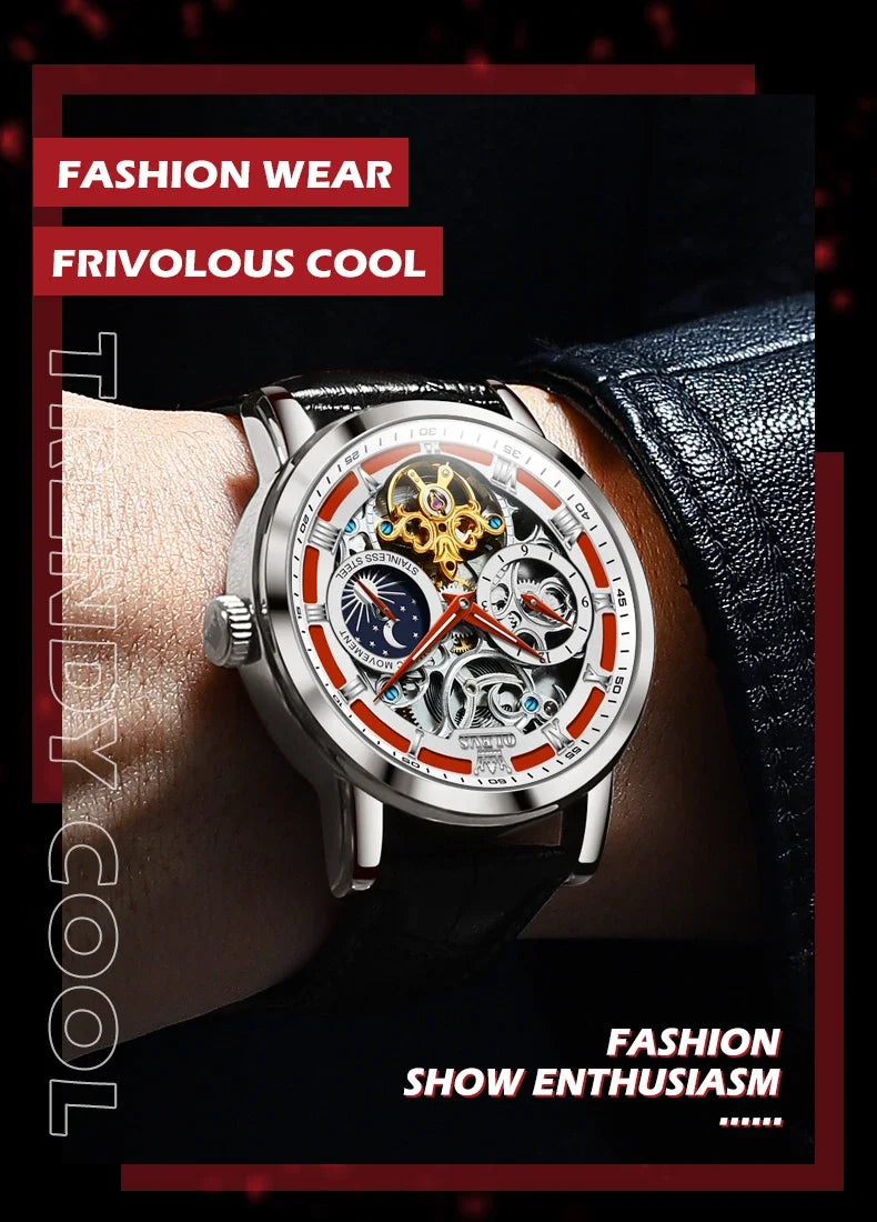 OLEVS 6670 Mechanical Fashion Watch Genuine Leather Watchband Round-dial Moon Phase Month Display