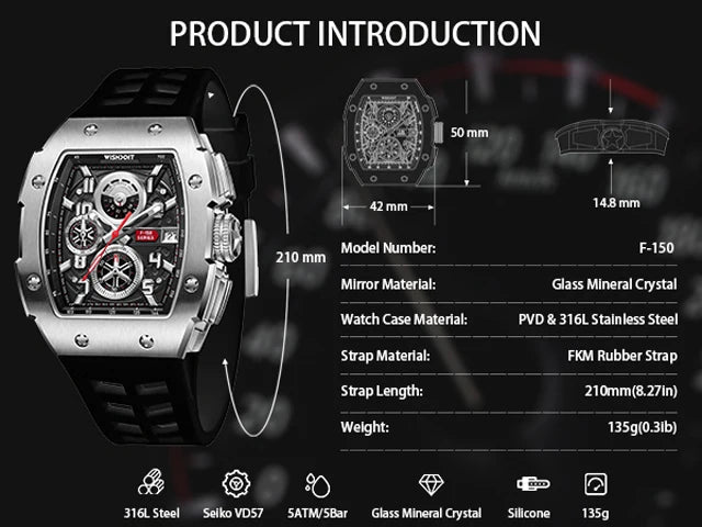 WISHDOIT NH35 Men's Chronograph Luxury Tonneau Design Features with Calendar Date Glowing 50m Depth Waterproof FKM Rubber Strap