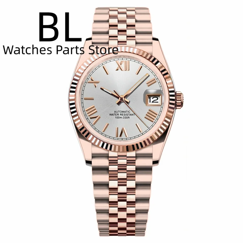 BLIGER 36mm39mm Two-tone Rose Gold Black Dial Watch For Men Date Fluted Bezel Sapphire Glass Rose Roman Index Jubille Bracelet