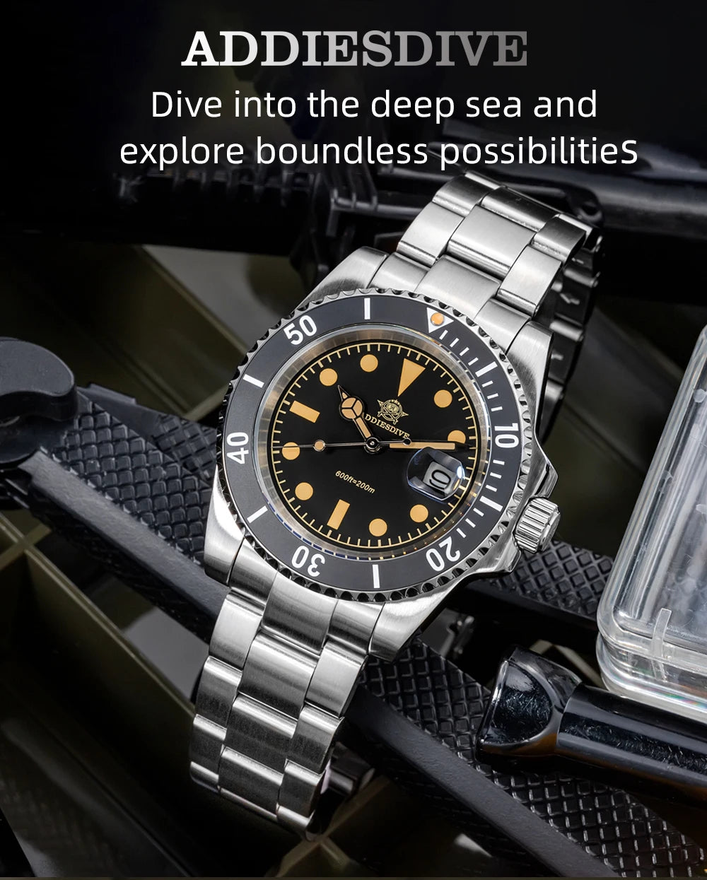 ADDIESDIVE Luxury Men's Quartz Watch BGW9 Luminous Ceramic Bezel Bubble Mirror Glass Diver's Watch 200m Analog Watches AD2054