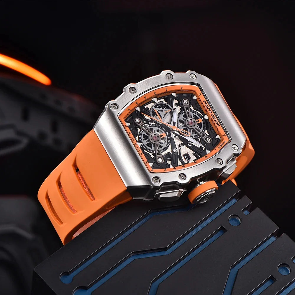 Pagani Design Men's Quartz Watches Japan Movt Skeleton Dial Waterproof Sport Rectangle Sapphire Glass Chronograph Watch For Men