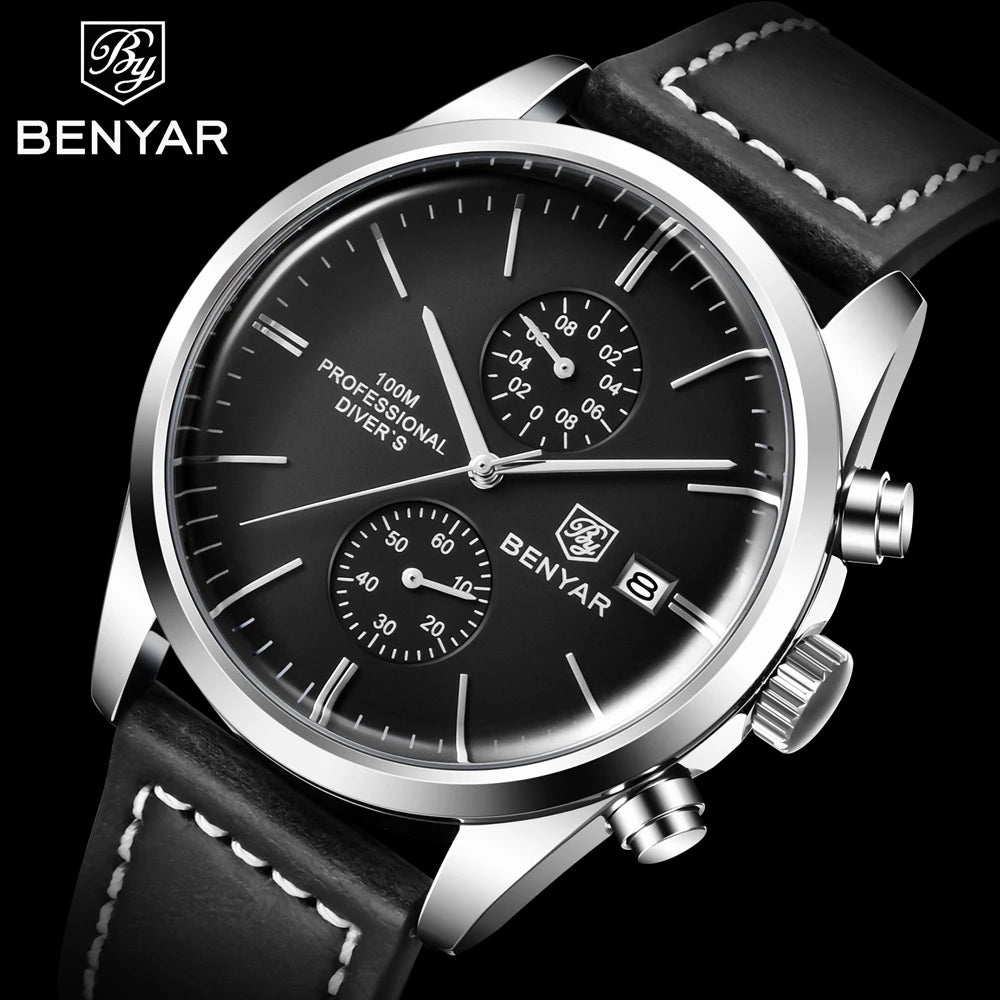 BENYAR Men Quartz Wristwatches Luxury Brand Chronograph Leather Sports Watch For Men Military 100M Waterproof Reloj Hombre 2023