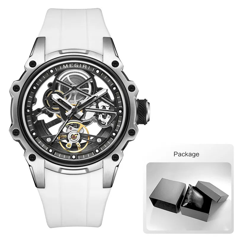 MEGIR Skeleton Dial Automatic Mechanical Watch Men Stainless Steel Case Waterproof Luminous Sport Wristwatch with Silicone Strap