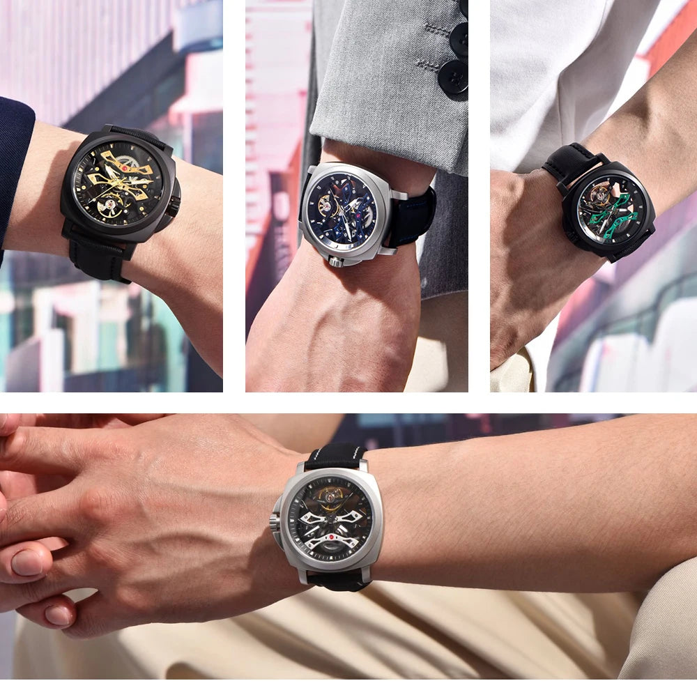 PAGANI DESIGN Herren Sportuhr, mechanische Automatik, quadratisches Design, Leder, wasserdicht, leuchtend, Geschenkidee für Feste, Herrenuhr + Box