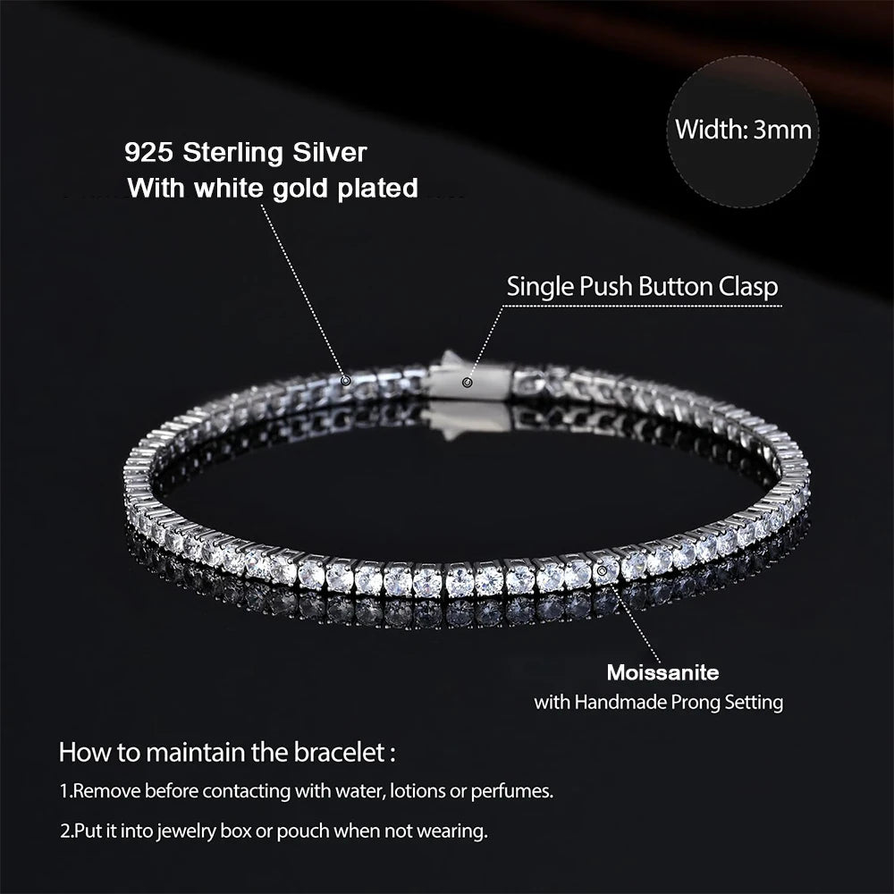 2-6.5mm Real Moissanite Tennis Bracelets for Women Man 925 Sterling Silver Plated White Gold Bracelet Sparkling Wedding Jewelry