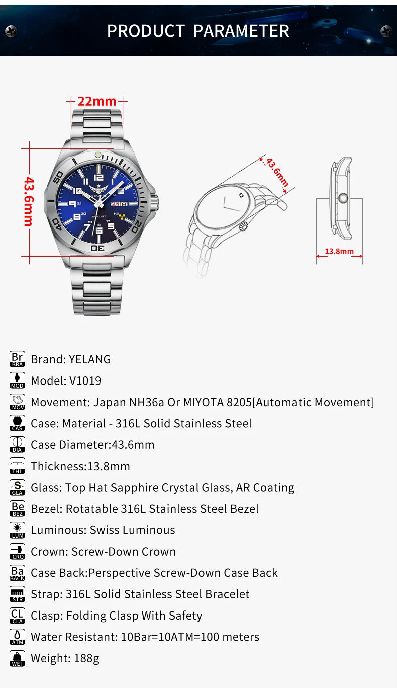 Yelang V1019 Brand 44MM Men Watch NH36 100M PROFESSIONAL WATERPROOF Deep Diving Mechanical Automatic Watch Sapphire Lens Reloj