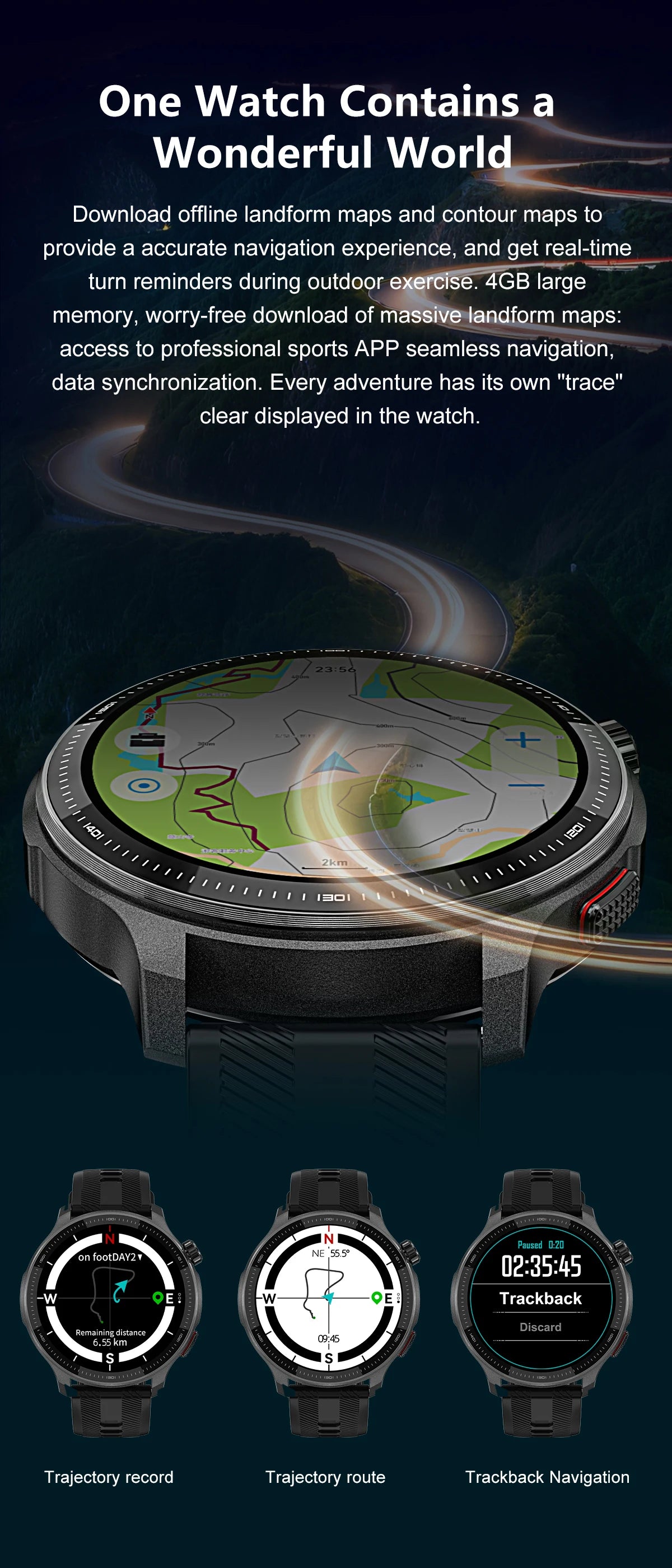 Smart watch Men4GB Memory With GPS Offline Maps Music Video Player Custom dial AMOLED display Sports Swim Waterproof Smart watch