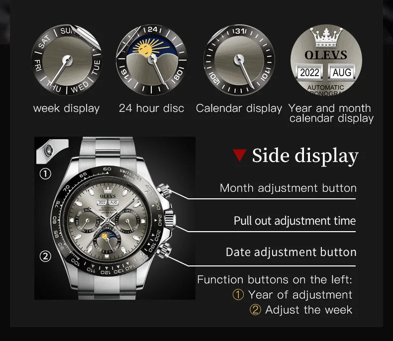 OLEVS 6654 Luxury Sports Mens Watch Original Automatic Mechanical Watch Moon Phase Calendar Week Watches For Man Gifts Reloj