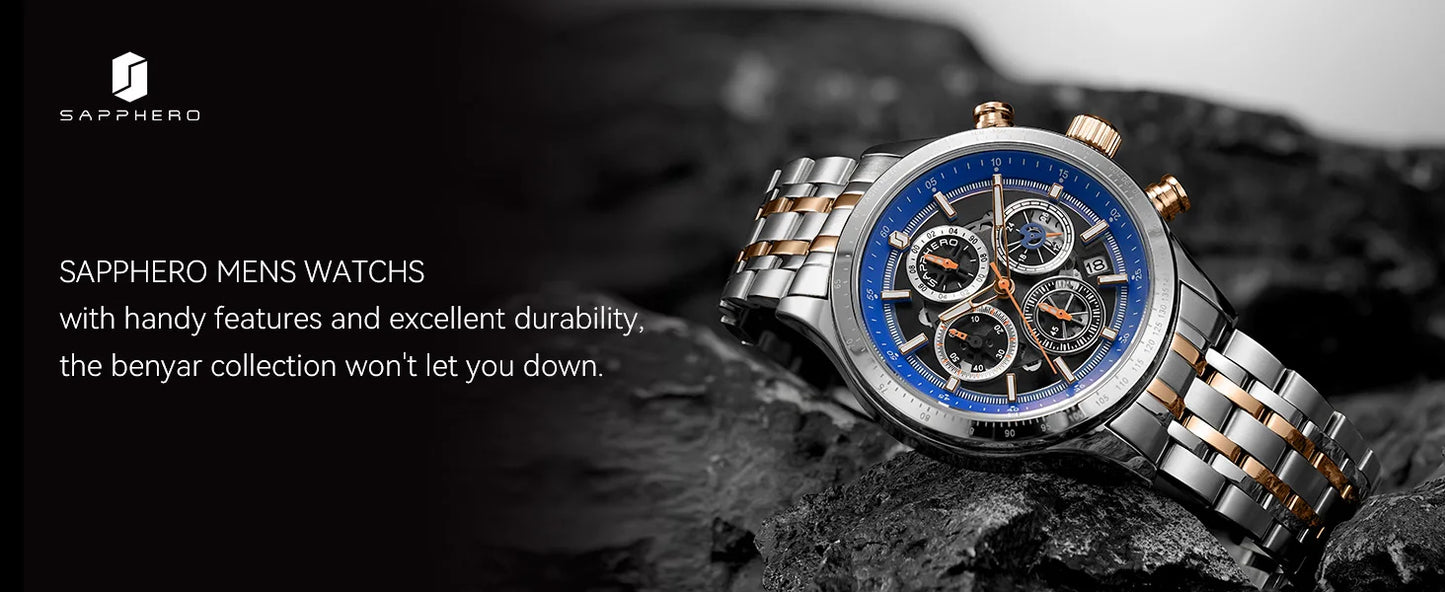 SAPPHERO Rose gold Watch Mens Watch Luxury  Stainless Steel Quartz Watch Business Waterproof Luminous Calendar Wristwatch Gift