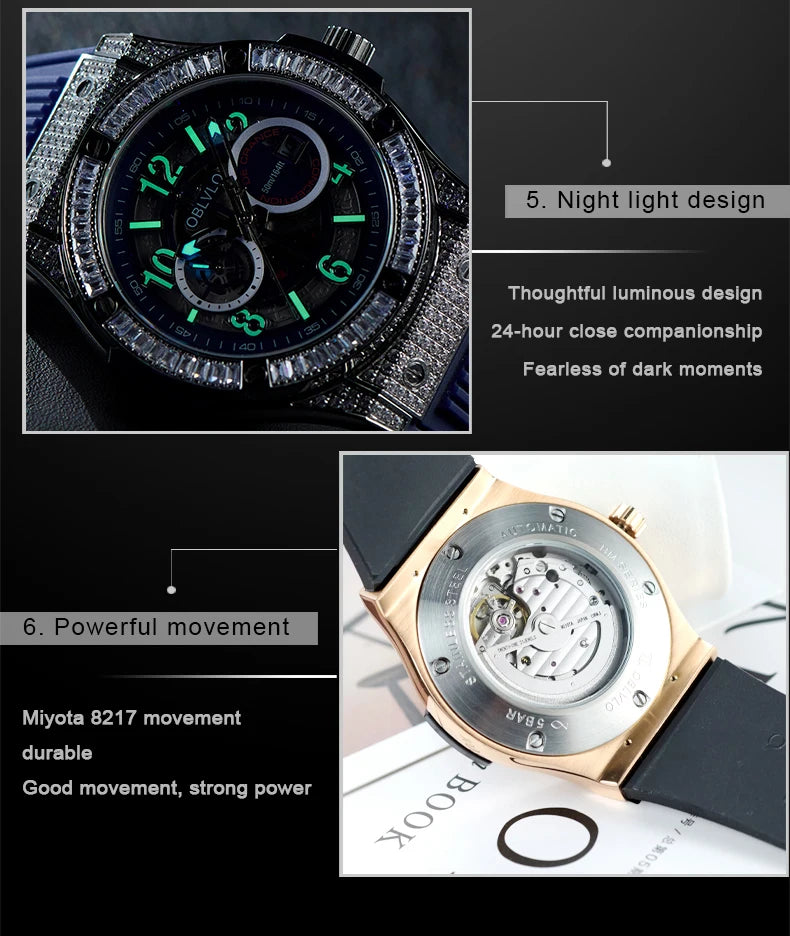 OBLVLO Men's Fashion Rose Gold 44mm Hollow-out Automatic Watch Waterproof Brown Leather Strap Mechanical Clock with Date HM-GT