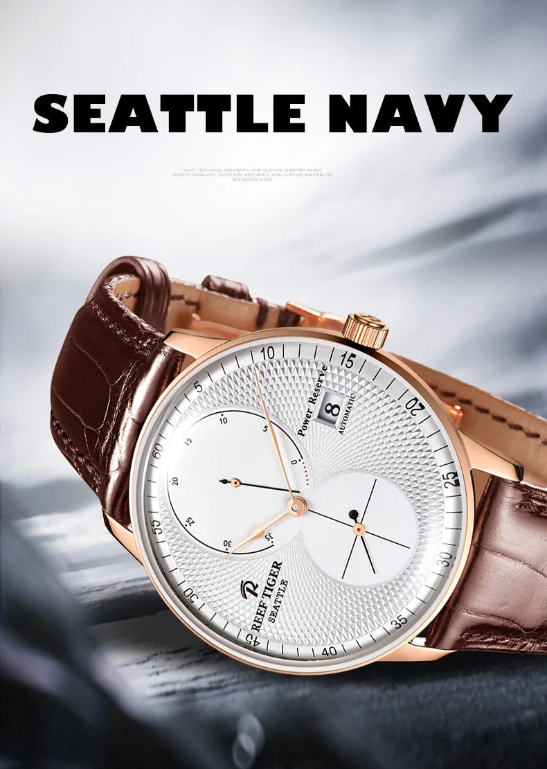 Reef-Tiger /RT Men Luxury Watch Rose Gold Mechanical Watch Brown Leather Strap Analog Watches Relogio Masculino RGA82B0