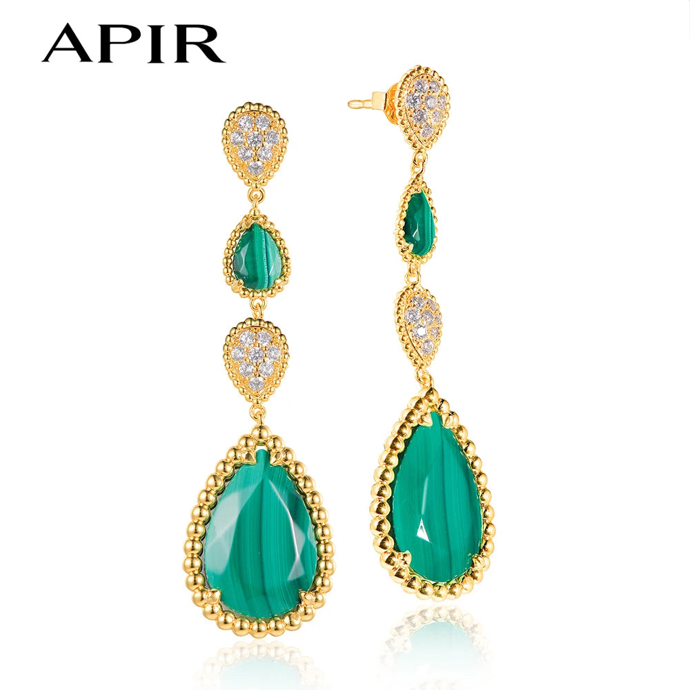 APIR Bohemian Blue Green Chalcedony Water Drop Woman's Earrings 18K White Gold Plated   Dance Party Wedding Luxury Long earrings