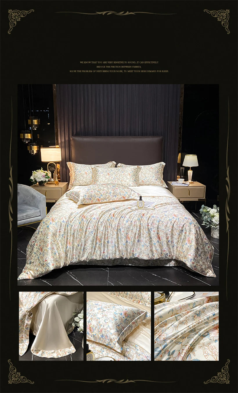 Floral Silk Bedding Set with Duvet Cover Bed Sheet Pillowcase Luxury Couple Single Double King Queen Soft Bedsheet Nordic Smooth