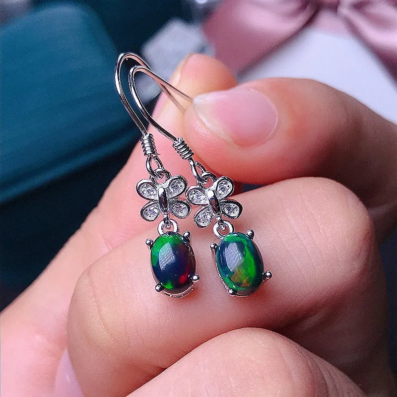 MeiBaPJ 5*7 Natural Black Opal Gemstone England Ear Drop Earrings for Women Real 925 Sterling Silver Charm Fine Wedding Jewelry
