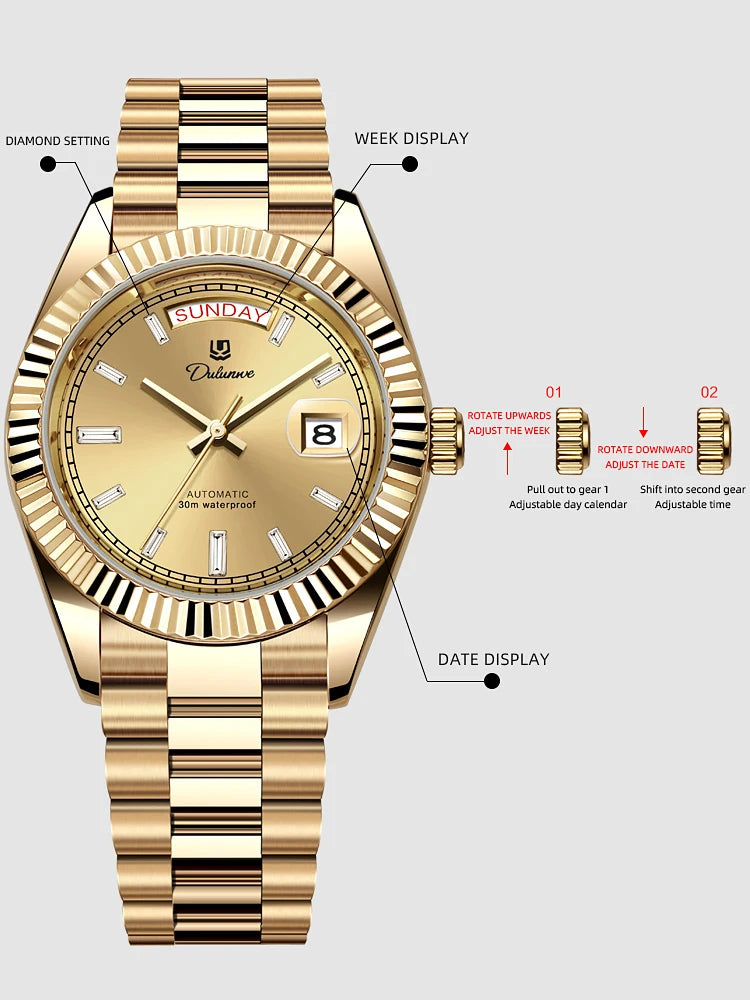 Dulunwe Datejusts Mechanical  Movement Watches For Men Automatic Mechanical Watches Calendar Waterproof Men Watch