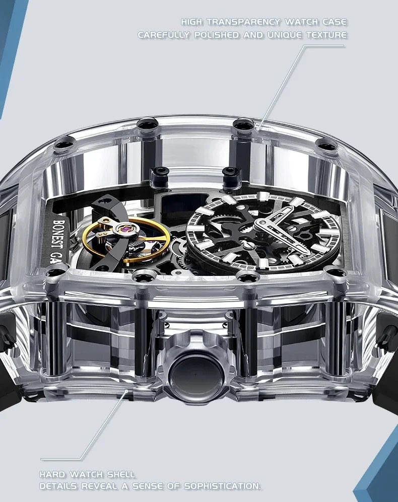 BONEST GATTI 2025 New Men Automatic Watch Tonneau Mechanical Wristwatch Acylic Case Sapphire Lume Hollow Out Dial Fluororubber