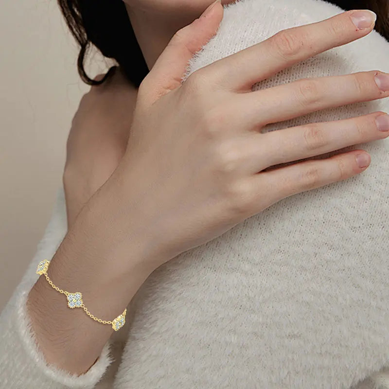 18k Gold Plated 925 Silver 3mm Moissanite Necklace Earrings Bracelet Sets 3 In 1 Clover Flower Charm Jewelry Set for Women Gift