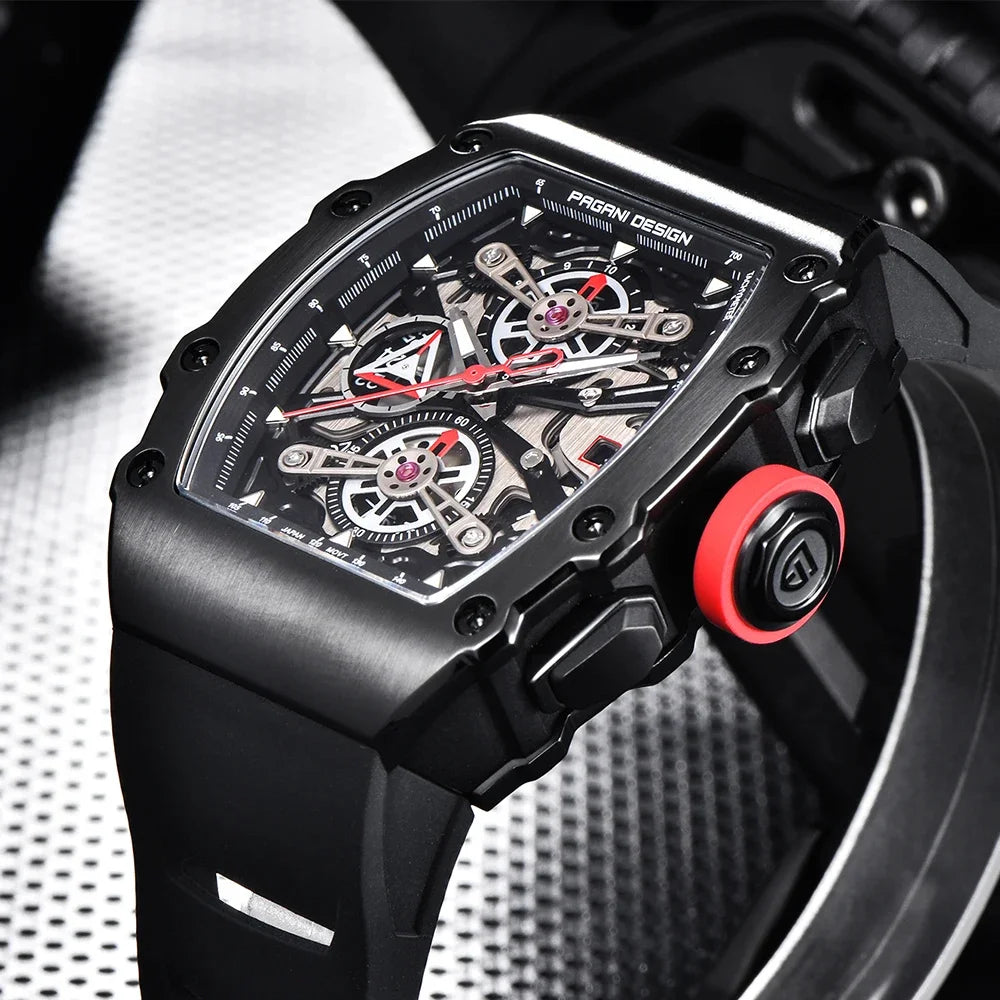 Pagani Design Men's Quartz Watches Japan Movt Skeleton Dial Waterproof Sport Rectangle Sapphire Glass Chronograph Watch For Men
