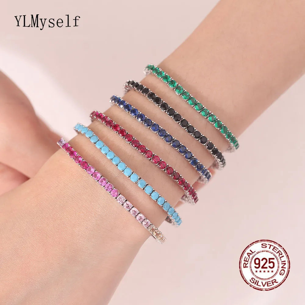 Real 925 Jewelry For Women/Men Pave 3 mm Montana Blue Sapphire Cubic zircon Hip Hop Rock Pure Silver 15-21 cm Tennis Bracelet