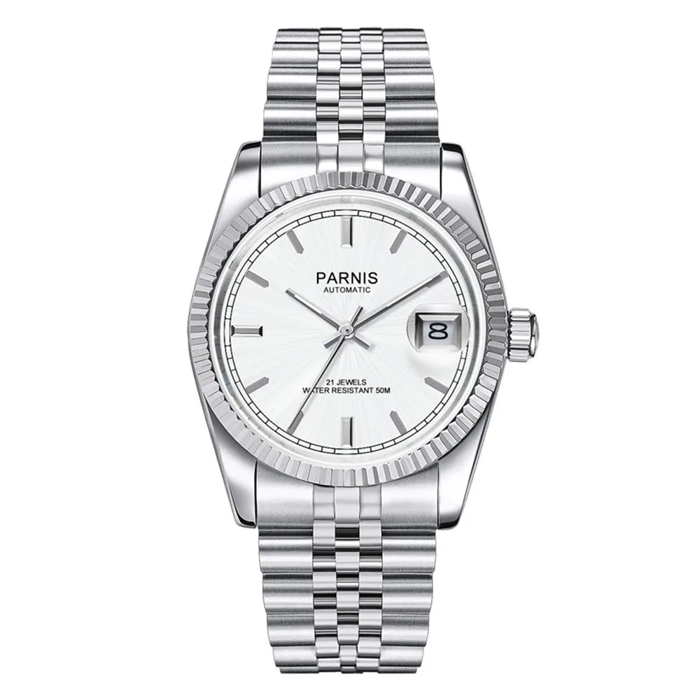 Parnis 36mm Gold Color Luminous Mark Automatic Men's Wristwatch 5 ATM Stainless Steel Jubilee Bracelet