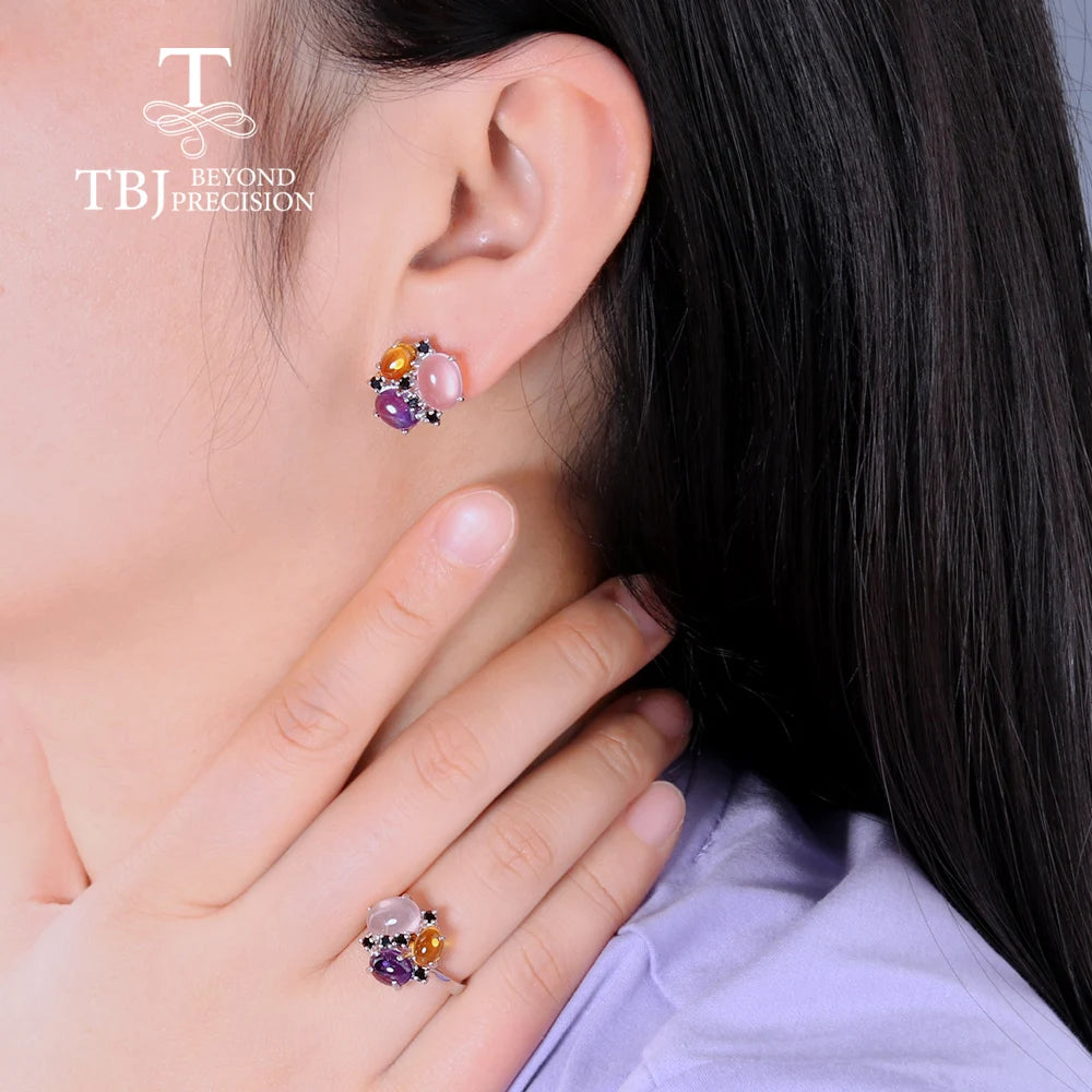 Natural gems Citrine Rose quartz Amethyst Multi-color Ring Earring Jewelry Set for Women fine Jewelry 925 Sterling Silver