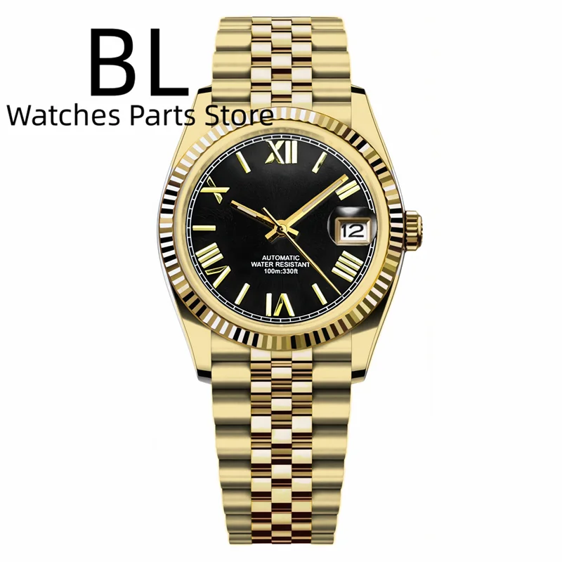 BLIGER 36mm39mm Two-tone Rose Gold Black Dial Watch For Men Date Fluted Bezel Sapphire Glass Rose Roman Index Jubille Bracelet
