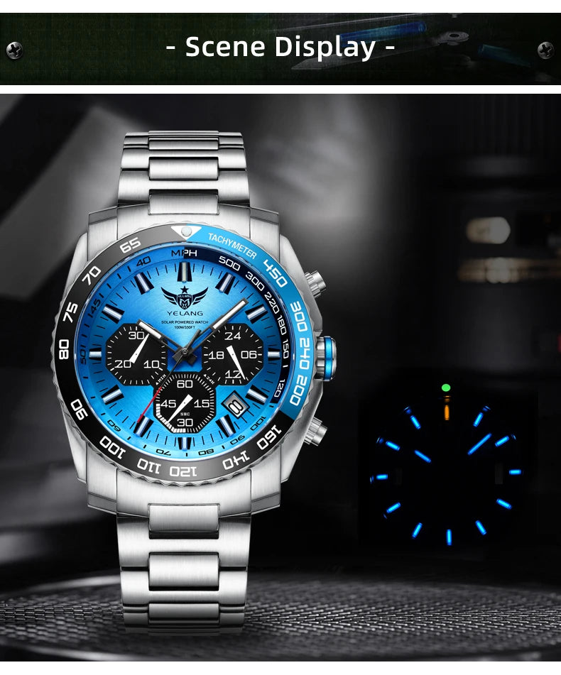 Yelang Watch 44mm V1215 Men Sports Watch Japan Eco-Drive VR42 Solar Diving Watch 100m Waterproof 10Bar Luminous watches for men