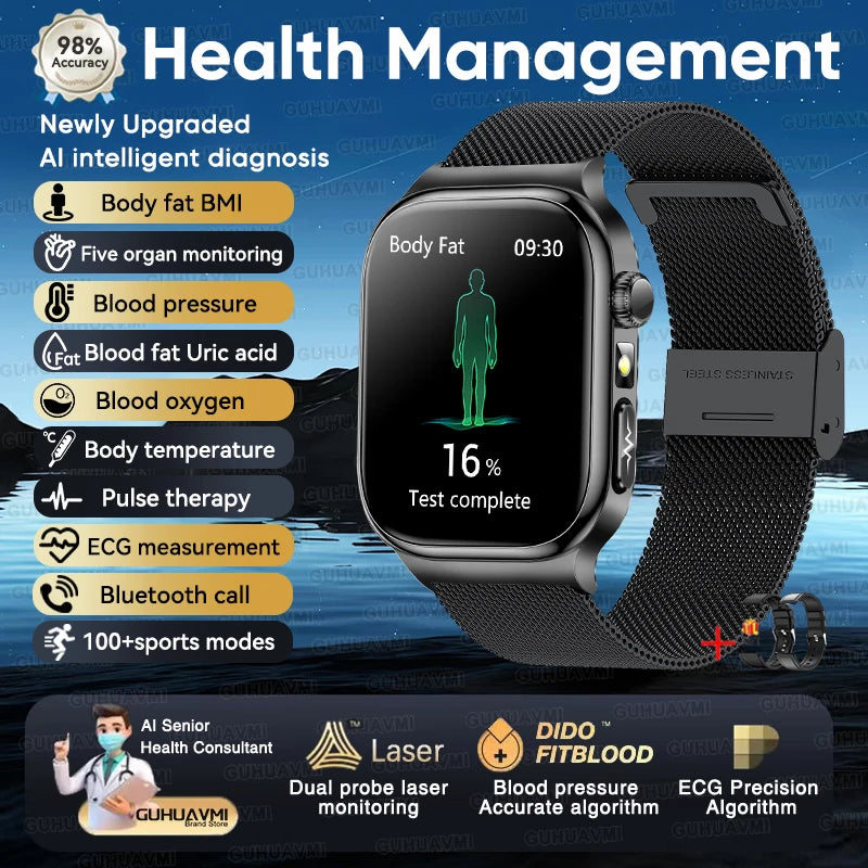 2025 New AI Human Health diagnosis ECG+HRV Smart Watch Blood Pressure Uric acid Blood lipid Bluetooth Call Smartwatch Men Women