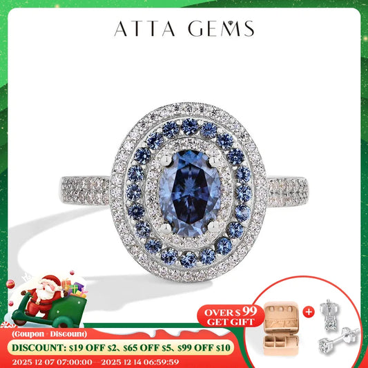 ATTAGEMS Blue Moissanite Women Rings Oval Cut 1.0CT Real S925 Sterling Silver Jewelry For Wedding Engagement Ring With Certified