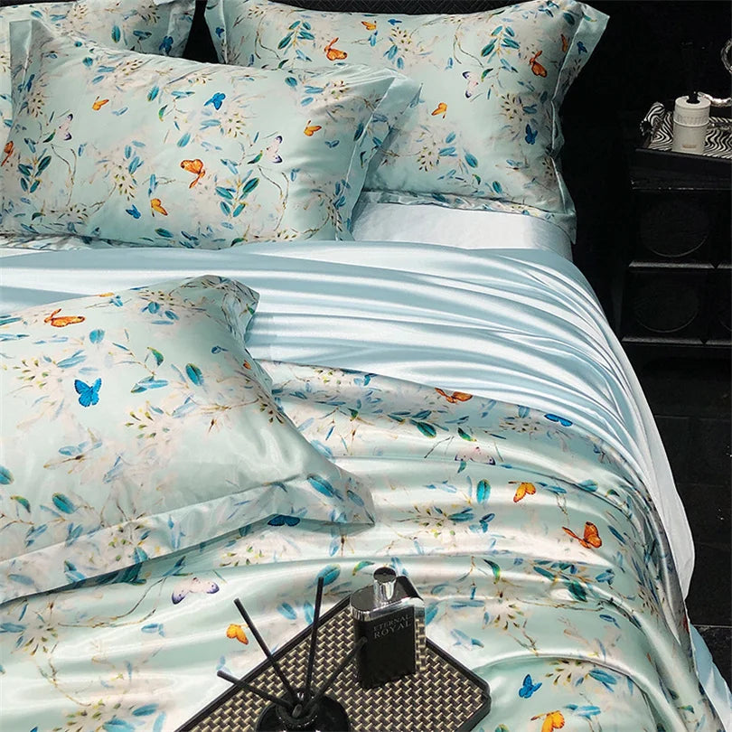 Floral Silk Bedding Set with Duvet Cover Bed Sheet Pillowcase Luxury Couple Single Double King Queen Soft Bedsheet Nordic Smooth