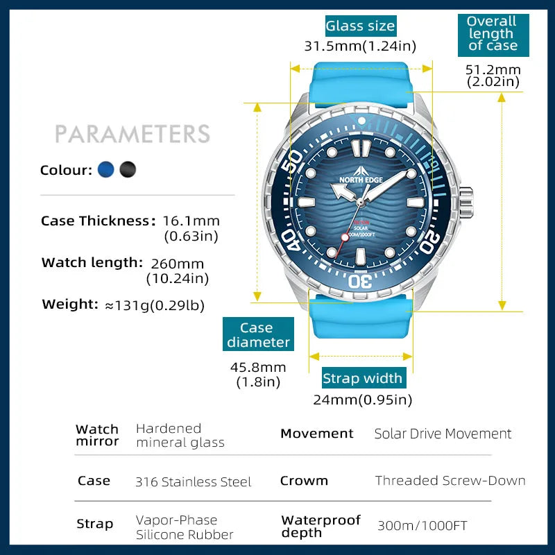 NORTH EDGE 2025 New TRITON Solar Powered Dive Watch Men Luxury Quartz Watches For Men 316L Stainless Steel Case Waterproof 300M