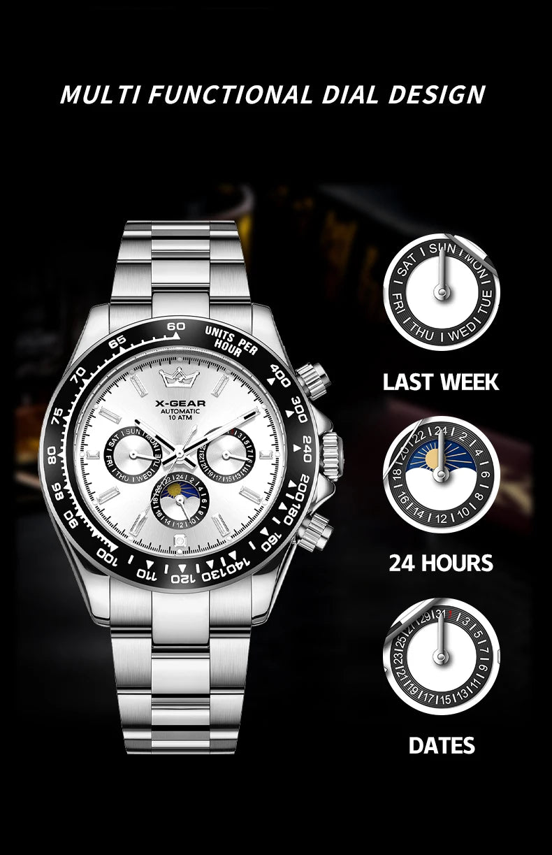 Montre mécanique automatique Panda Eye pour homme, lunette en céramique, trois cadrans, six aiguilles, étanche et lumineuse.