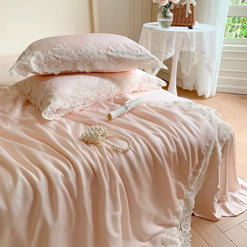 100%Eucalyptus Lyocell Cream White Lace Soft Silky Textured Wrinkle-Free Summer comforter Blanket 1Pc Flat sheet 2Pillow shams