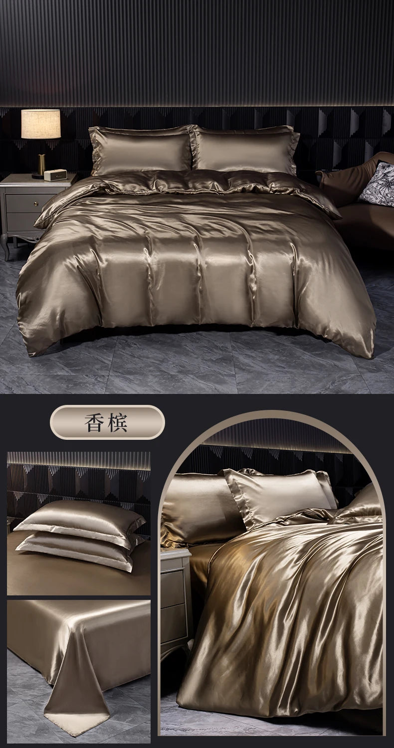 Solid Silk Bedding Set with Duvet Cover Bed Sheet Pillowcases Luxury Satin Single Double Bedsheet King Queen Twin Size