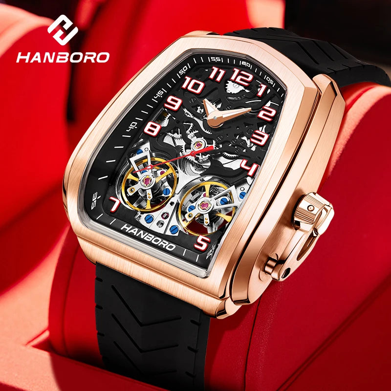 HANBORO fully automatic mechanical men's watch hollowed out wristwatch trend waterproof luminous watch