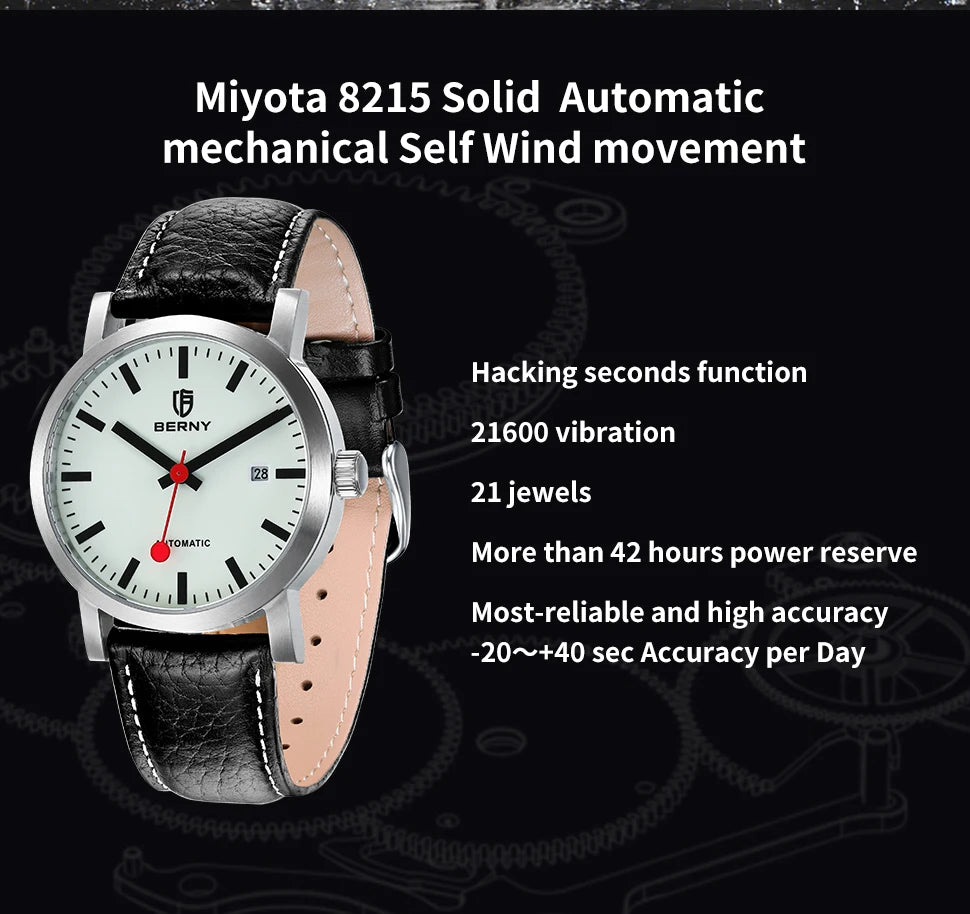 BERNY Watch for Men Automatic Self-Wind Luxury Watch Sappire MIYOTA 8215 Top Luminous 5ATM Mechanical Railroad Wristwatch